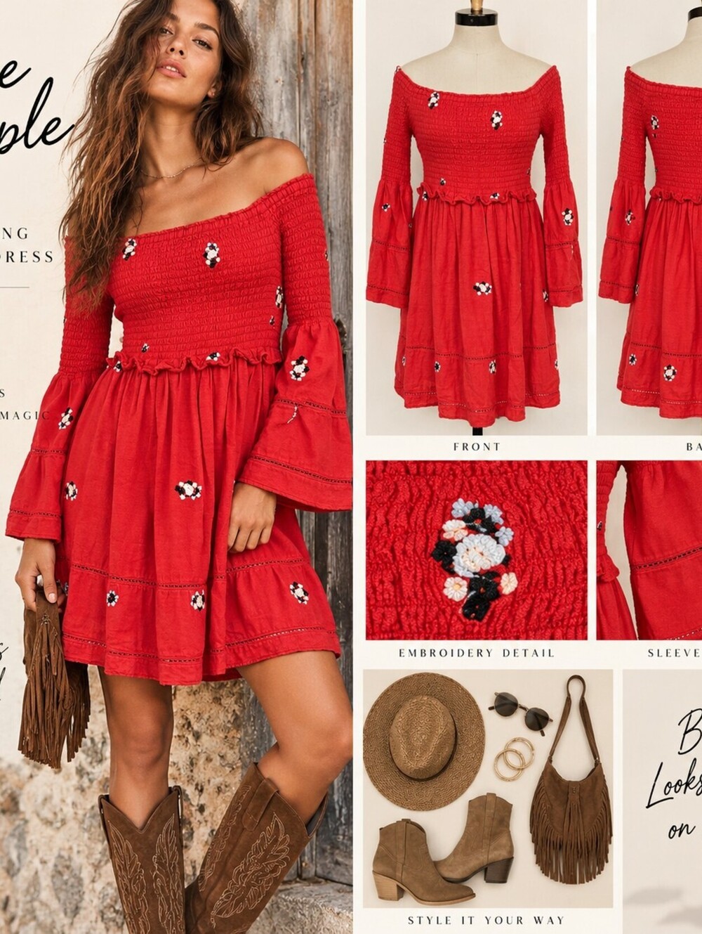 Free People Counting Daisies Red Embroidered Off Shoulder Mini Dress M Boho